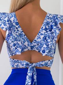 Swim Lushoire NỮ Cổ chữ V In hoa Áo Và màu trơn Xù Bơi Cao eo Đáy Bikini Ba Lỗ Bộ Với Ruffle Cạnh Chi tiết , Cho mùa hè , bờ biển , , Du lịch , Kỳ nghỉ , Hồ Bơi - Xanh và trắng - Xem 5