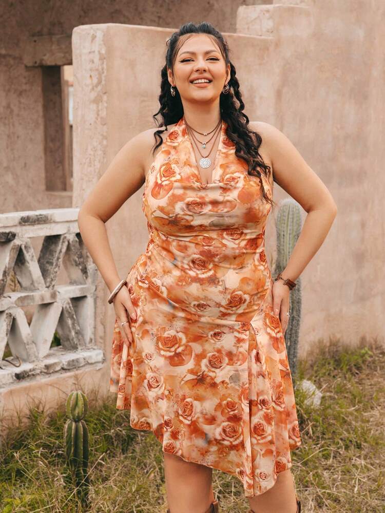 Plus-Size Women's Retro Folk Music Festival Hippie Orange Rose Print Halter Asymmetrical Hem Mesh Cloth Slim Swing Neck Dress Summer Clothes Concert Outfits