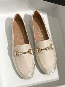 Mengshangli 女式復古風格皮質軟底低頭休閒鞋，平底低頭皮鞋，柔軟皮革，彈性鞋底，韓式英式風格鞋款 - 米色 - 查看 2