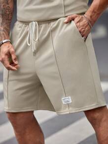 EASEVO 加大码男士休闲短袖T恤短裤套装，夏季 - 卡其色 - 查看 3