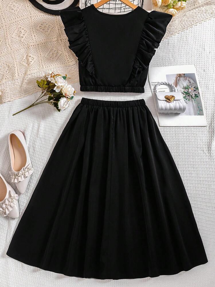 Teen Girls' Vintage Summer Floral Printed Ruffled Top And Long Skirt 2pcs Outfit
