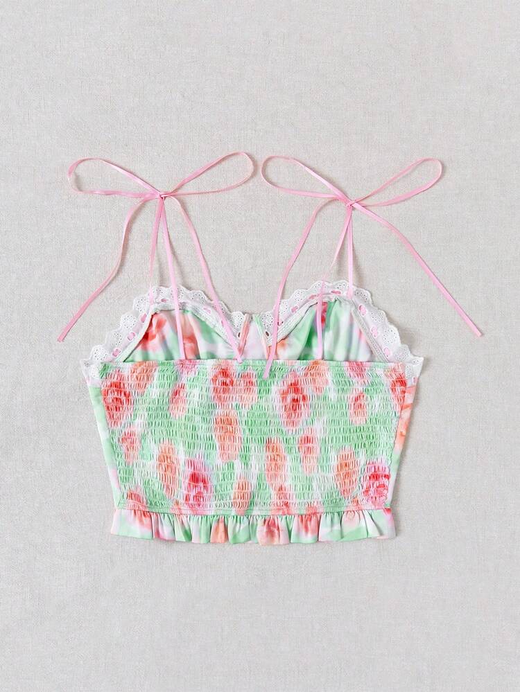 Women's Vacation Style Mint Blue Background Rose Printed Satin Camisole With Ruffle Trim And Tie Shoulder Straps