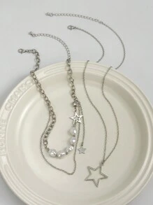 ROMWE Goth 2 Unids/set Collares De Perlas De Imitación Con Colgante De Estrella De Estilo Punk A La Moda - Plateado - Ver 3