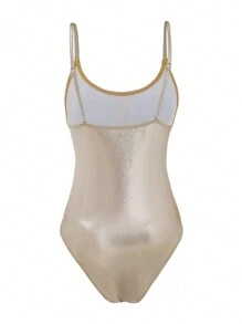 少女款連體背心泳裝，夏日沙灘必備 - 卡其色 - 查看 2