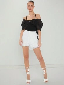 Enchnt Summer Contrast Mesh Ruffle Hem Shorts - White - View 3