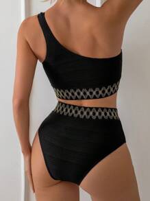 SHEIN Swim Women's One-Shoulder Sleeveless Geometric Pattern Bikini Set, Set Summer Beach - Black - View 2