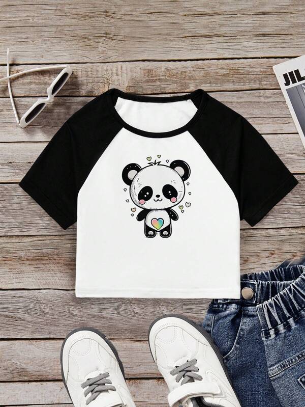 SHEIN Leap Crew Tween Girls' Casual Simple Panda Pattern Colorblock Raglan Short Sleeve T-Shirt, Summer