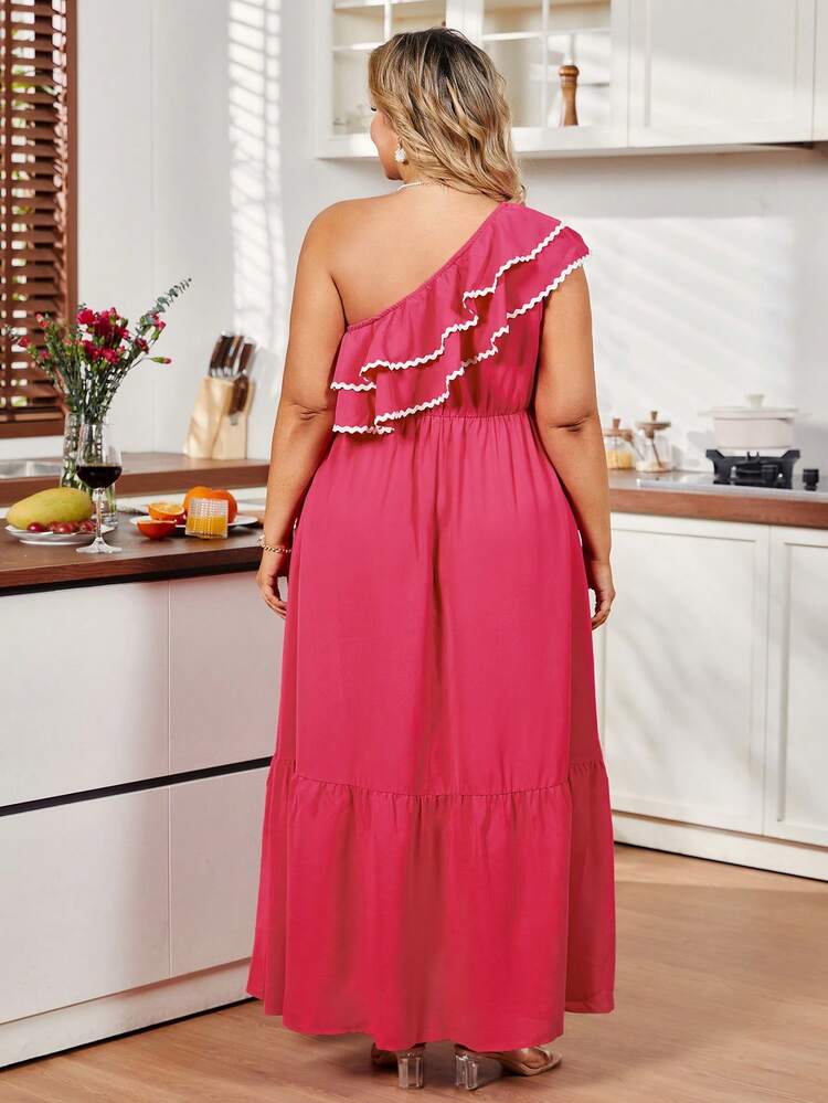 Plus Size Color-Block Dress With Ruffle Details And Floral Lace Trim