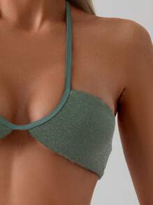 SHEIN Swim Summer Haltered Bikini Set With Round Neckline And Tie Strings - Green - View 3