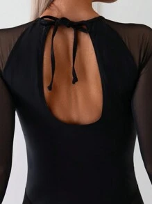 SHEIN Swim Summer Beach Women's Black Mesh Splice One-Piece Swimsuit