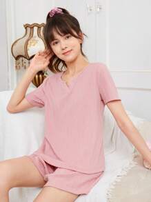 SHEIN 少女針織提花缺角領短袖t卹短褲休閒睡衣套裝 - 粉色 - 查看 6