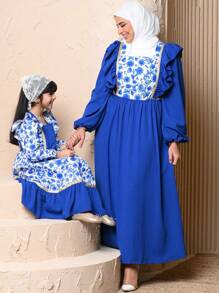 SHEIN Young Girl Floral Print Contrast Color Peter Pan Collar Ruffle Hem Long Sleeve Dress, Mommy And Me Matching Outfits (2 Pieces Sold Separately) - Blue - View 10