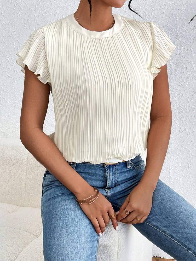 Women's Solid Color Round Neck Pleated Bell Sleeve Shirt With Frill Trim