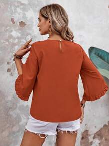 EMERY ROSE Women's Casual Christmas And New Year Solid Color Round-Neck Shirt With Ruffle Details, Casual Ruffle Three-Quarter Sleeves, Round Neck, Loose Regular Fit, In Mahogany Color, Suitable For Everyday Wear In Spring And Autumn, Commuting, And Elegant Parties. - Redwood - View 2