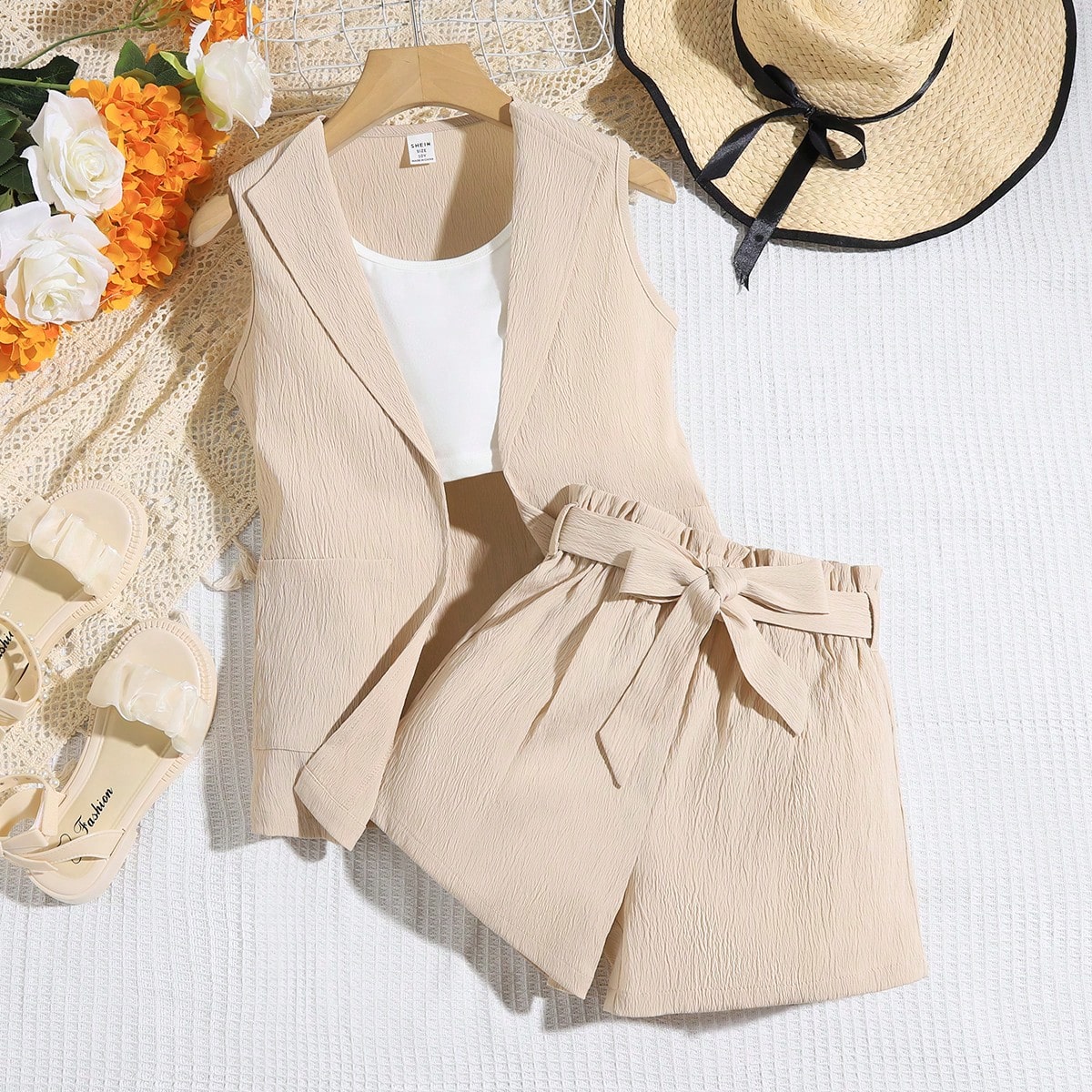 Conjunto informal de 2 piezas para niñas preadolescentes: chaleco sin mangas (sin camiseta) y shorts con cinturón de lazo en la cintura, para uso di