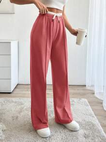 SHEIN Cottnline Drawstring Waist Pants - Watermelon Pink - View 3