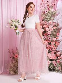 SHEIN Set Aus T-shirt Mit Ausgeschnittenem T-shirt Mit Schleife Hinten Und Mesh-stickerei Für Teenager-mädchen Und A-linien-midirock - Pink - Übersicht 5
