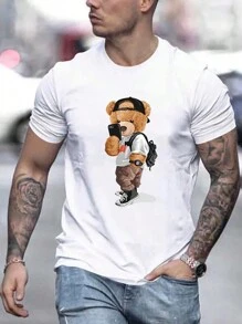 Casual rundhalsad pendlart-shirt med björntryck för män - Vitt - Visa 2