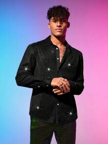 Manfinity Fever City Men Long Sleeve Shiny Sequin Shirt, Fall - Black - View 6