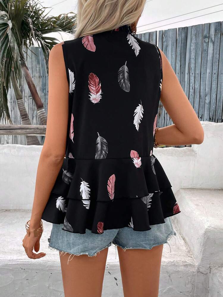 Summer Feather Printed Tie Neck Sleeveless Ruffle Blouse Women Bow Blouses Going Out Tops Casual