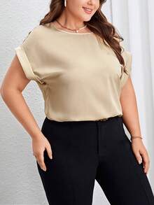 SHEIN Privé 米色春夏優雅日常通勤緞面圓領大尺碼女士襯衫 - 卡其色 - 查看 3