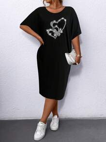 SHEIN LUNE 加大码心形印花短袖连衣裙 长款女装 - 黑色 - 查看 5