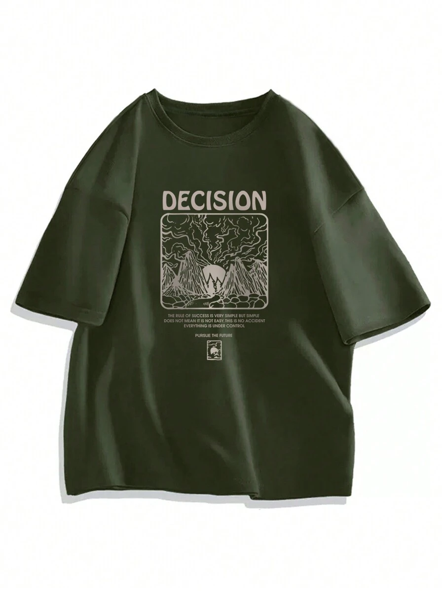 Men's Loose Fit Slogan Printed Round Neck Short Sleeve Casual T-Shirt - Army Green - View 1