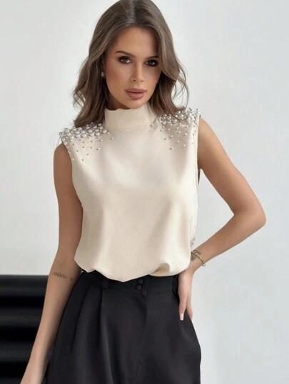Aloruh Beaded Stand Collar Padded Shoulder Shirt,Sleeveless Tops