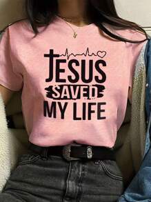 INAWLY Slogan Graphic Tee JESUS SAVED MY LIFE Graphic Tees Women Tops - Coral Pink - View 1