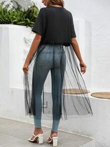 Chiquease 圓領網紗插片落肩短袖t恤 - 黑色 - 查看 2