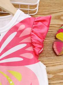 Camiseta de manga corta con cuello redondo y estampado de mariposas para niña