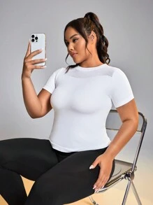 SHEIN Sports Plus Size Solid Color Breathable Comfortable Short Sleeve Sports T-Shirt - White - View 6