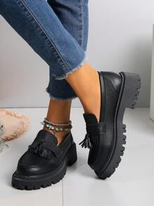 女性時尚舒適休閒毛邊楔形跟鞋,春秋季節適用的厚底牛津鞋