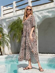 Women's Leopard Print Batwing Sleeve Loose Beach Cover-Up - Multicolor - View 5