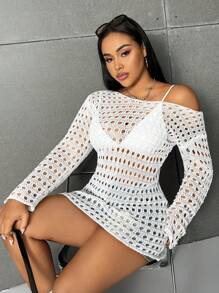 Sunnyshic Vestido De Suéter Para Mujer De Talla Grande Con Cuello Redondo, Hombros Caídos, Manga Larga Y Huecos En El Tejido