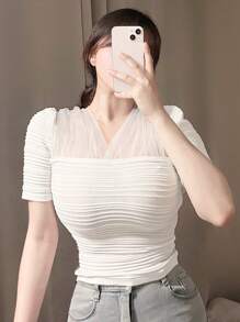 DAZY Áo thun tay ngắn lưới tương phản - trắng - Xem 6