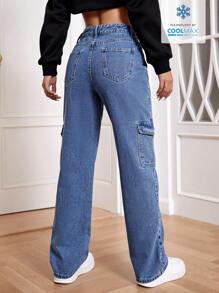 SHEIN EZwear Coolmax女式裝備口袋牛仔褲 - 淺色水洗藍 - 查看 2