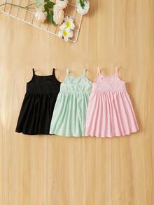 SHEIN Đứa bé gái Dệt kim Xu hướng: Cắt giảm Màu thuần Bộ váy Với Áo ba lỗ Và Quần cụt - màu đen - Xem 2