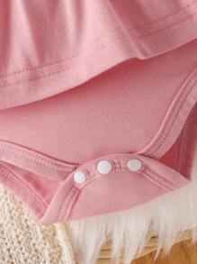 SHEIN Baby Girl's Striped Bodysuit With Collar, Casual Simple Style With Letter Print For Spring And Summer