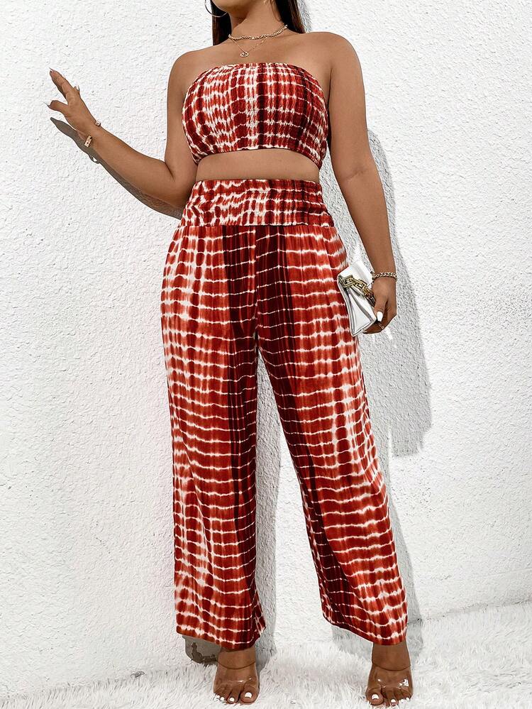 Plus Size Women's Tie-Dye Strapless Top And Pants Set