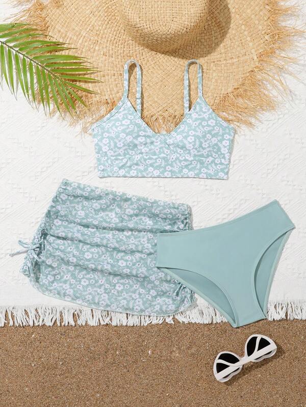 Tween Girl Patchwork Floral Print Bikini Set With Separated Top And Bottom Kids Swimming ,Kids Beachwear Summer Holiday