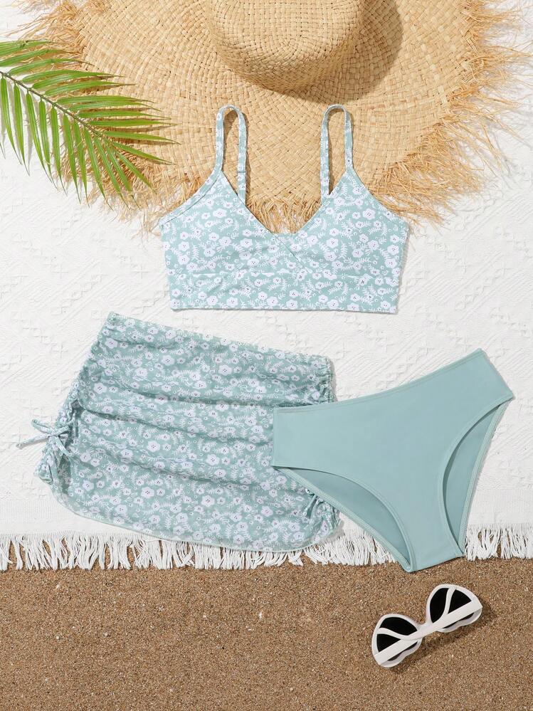 Ensemble bikini à patchwork de fleurs pour filles préadolescentes avec haut et bas séparés - Vert - Voir 1