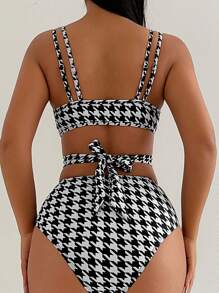 SHEIN Swim 千鸟格印花两件套比基尼套装 夏日海滩 - 黑與白 - 查看 1