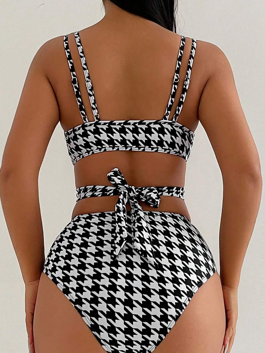 SHEIN Swim 千鸟格印花两件套比基尼套装 夏日海滩 - 黑與白 - 查看 1