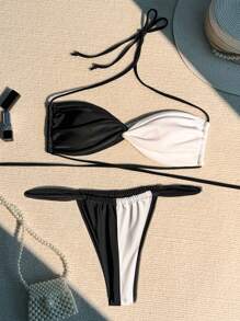 Swim SXY Women's Contrast Color Halter Strap Bikini Set Summer Beach - Black and White - View 5