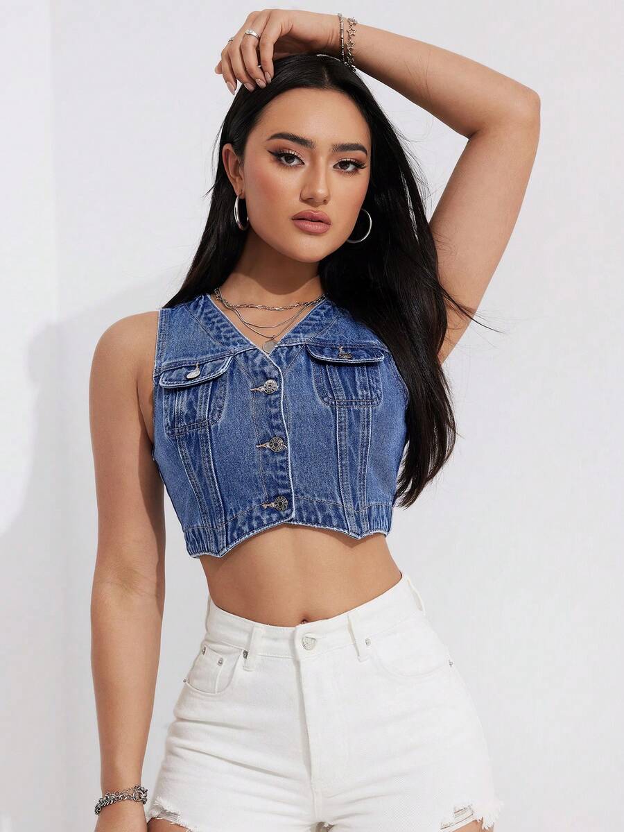 SHEIN EZwear Của phụ nữ Ngắn Áo khoác denim Với Mặt trước Nút Khép kín - Rửa trung bình - Xem 1