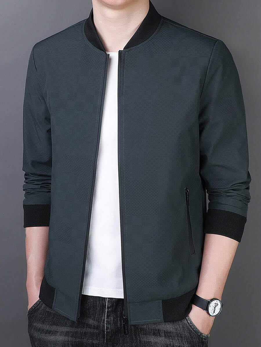 男式运动棒球夹克，撞色饰边，正面拉链 - 墨綠色 - 查看 1