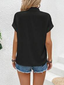 SHEIN LUNE Solid Color Notched Collar Batwing Sleeve Shirt - Black - View 2