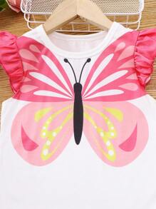 Camiseta de manga corta con cuello redondo y estampado de mariposas para niña
