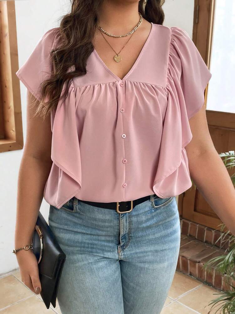 Plus Size Women's Solid Color Single Breasted Shirt With Ruffle Hem